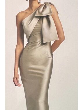 Sachin + Babi One-Shoulder Satin Bow Sheath Dress in Pewter